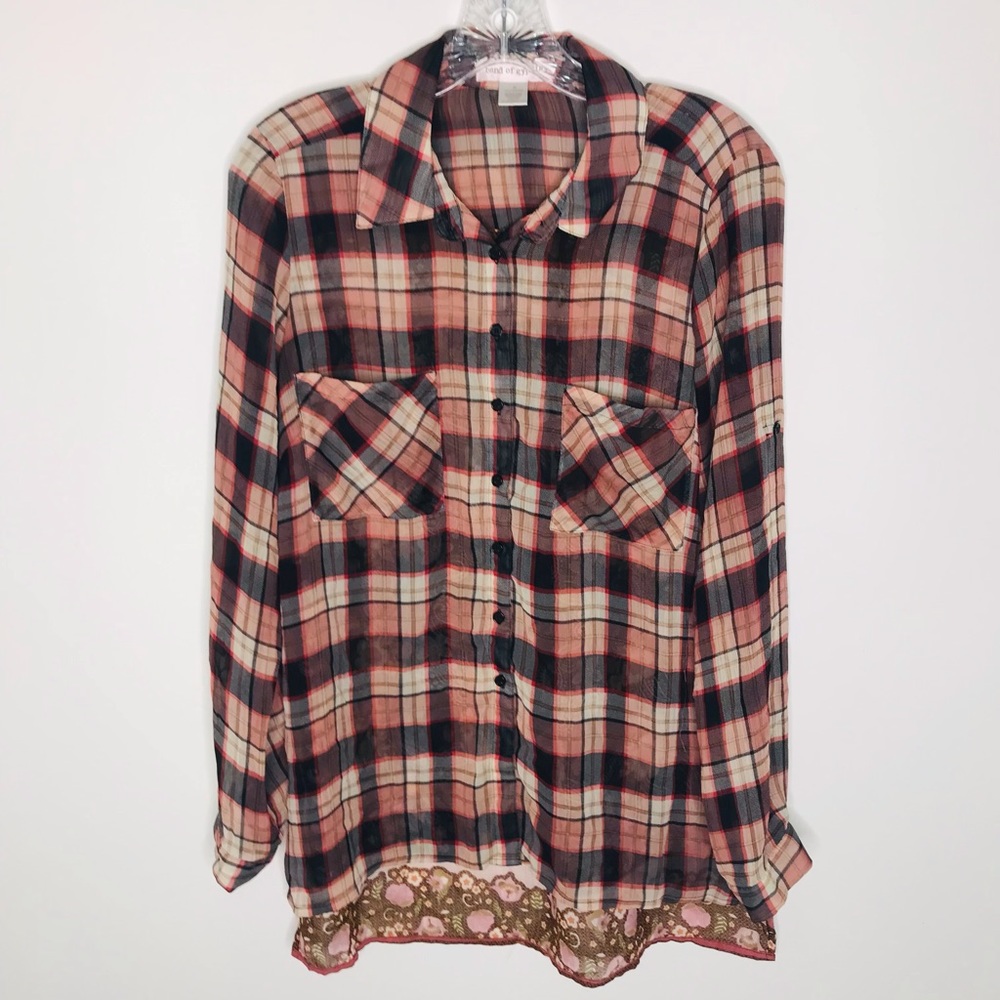Band of Gypsies plaid contrast trim sheer shirt boho hippie cottage core